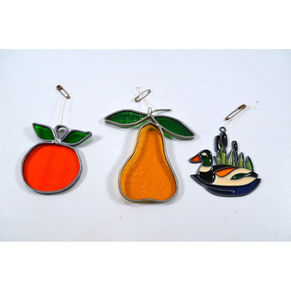 Vtg Lot of 3 Suncatchers Ornament Window Charm Mallard in Cattails Pear & Orange